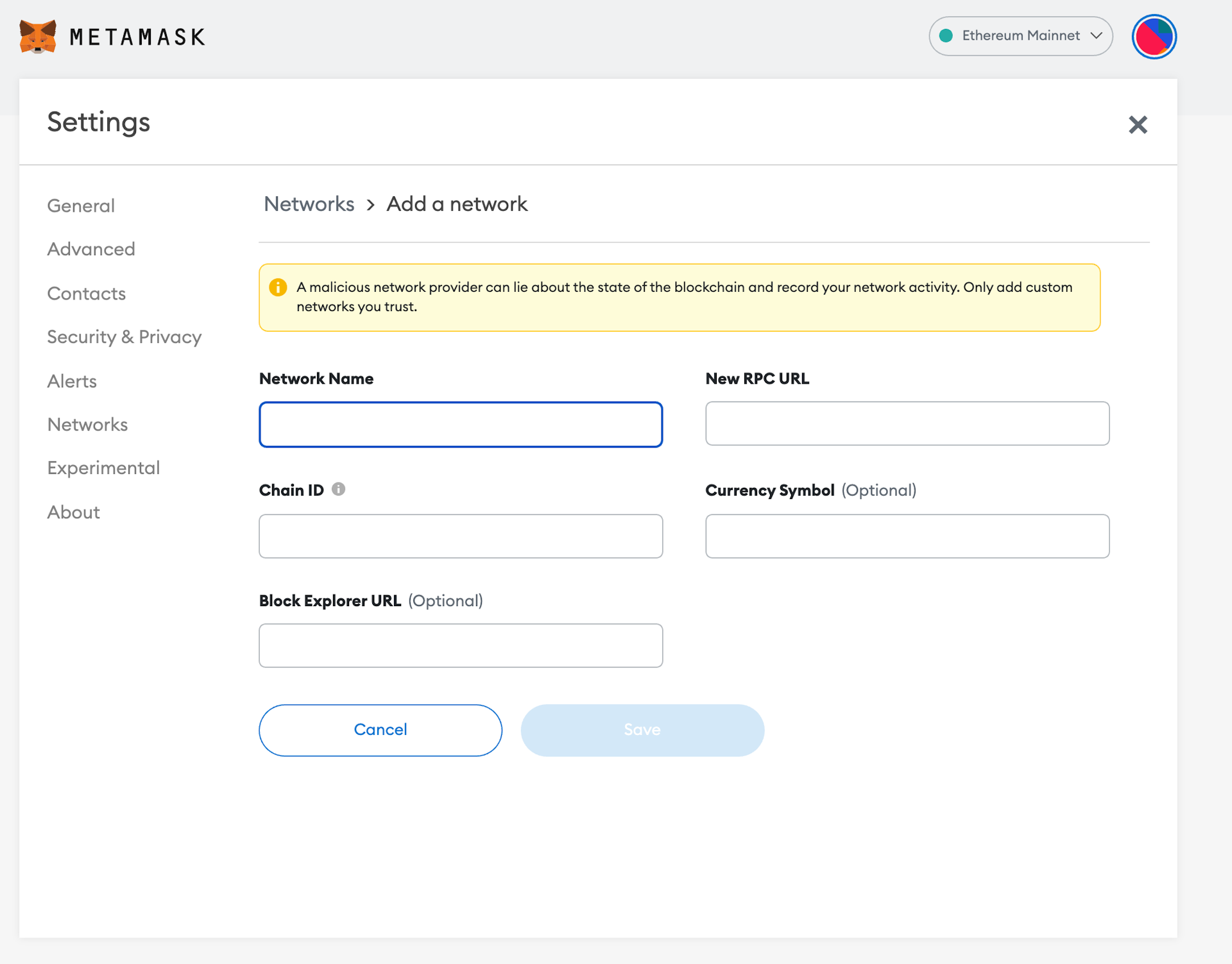 Screenshot depicting the process of adding the support for a new network on Metamask.