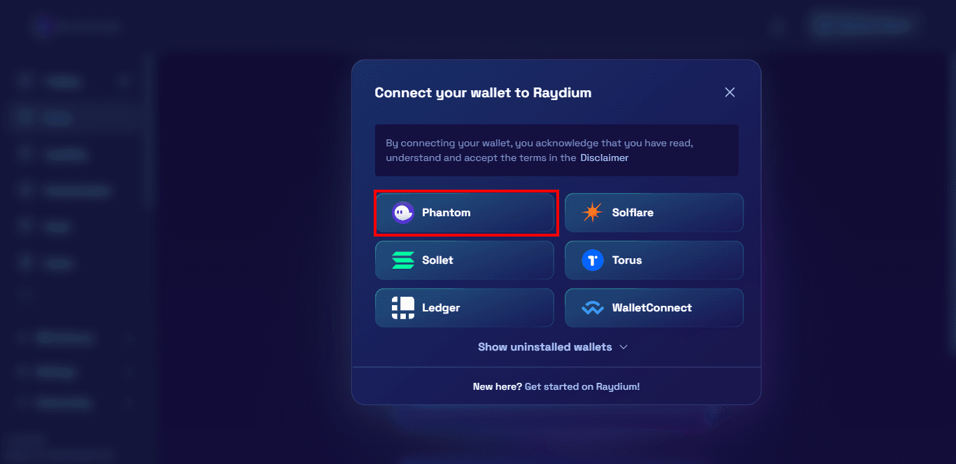 Raydium DEX interface: connecting a Phantom wallet on Solana