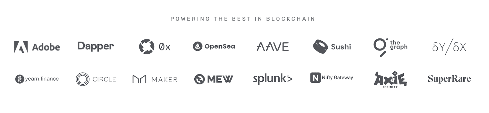 Logos of companies building on Alchemy, including OpenSea and Dapper Labs