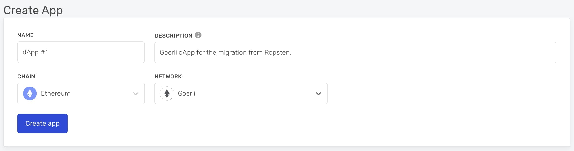 Creating a new Goerli app in the Alchemy dashboard.