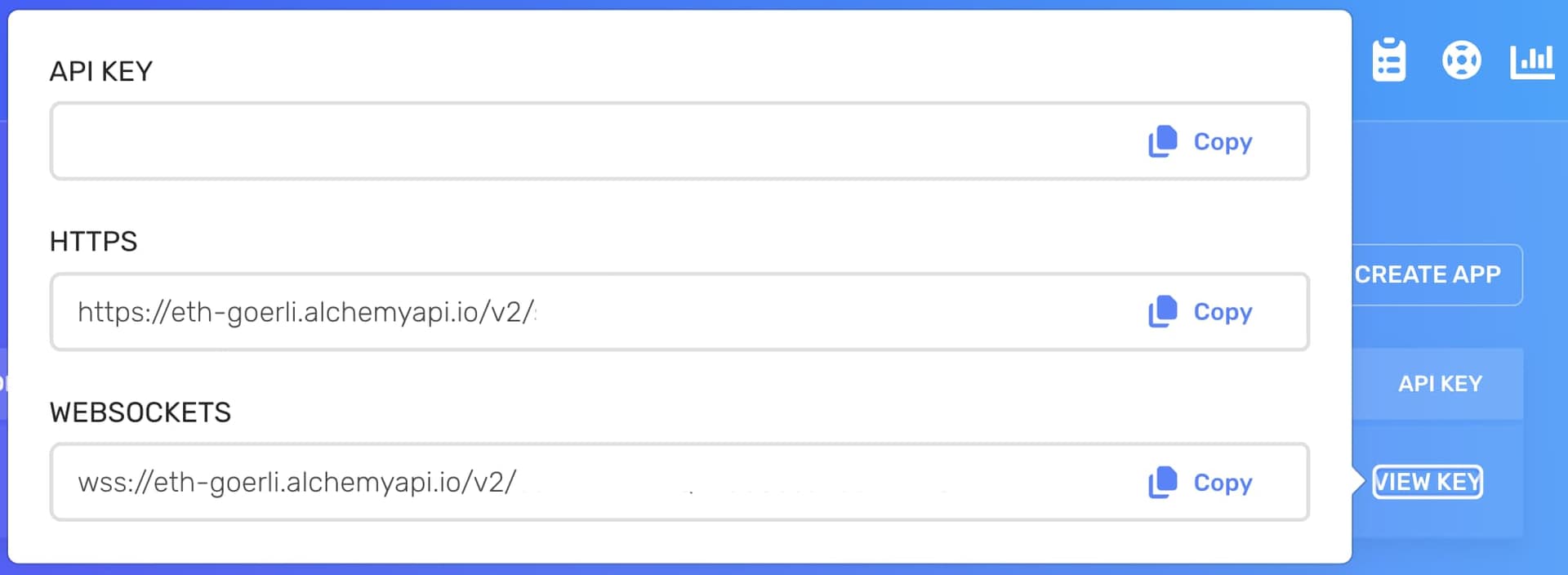 View the Goerli RPC URL in the Alchemy dashboard.