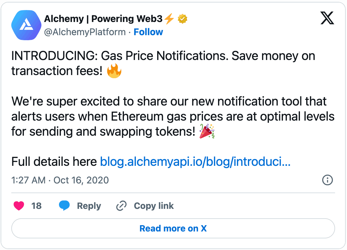 Banner introducing Alchemy gas price notifications