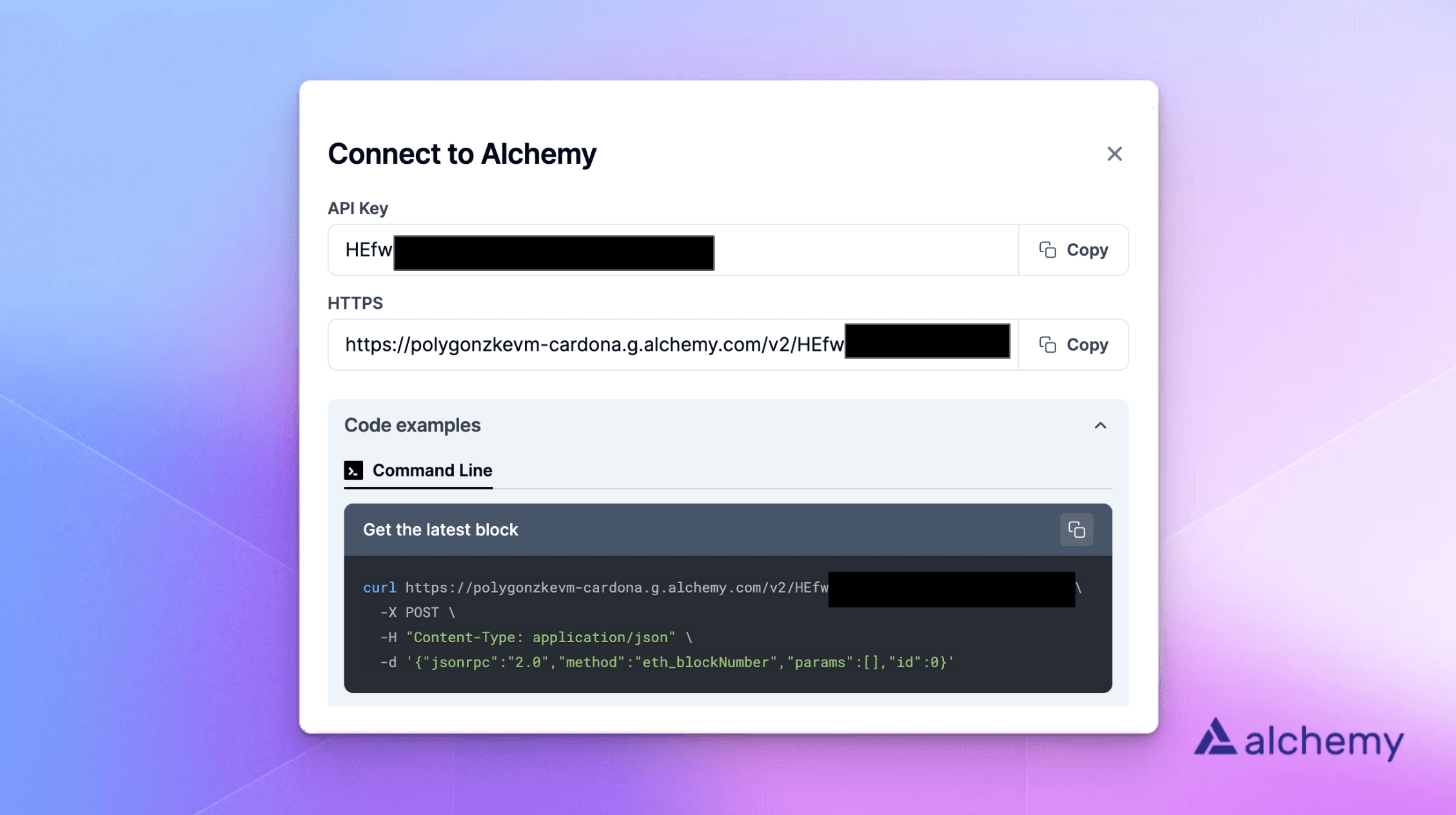 Alchemy dashboard: creating a Polygon zkEVM Cardona testnet RPC API URL