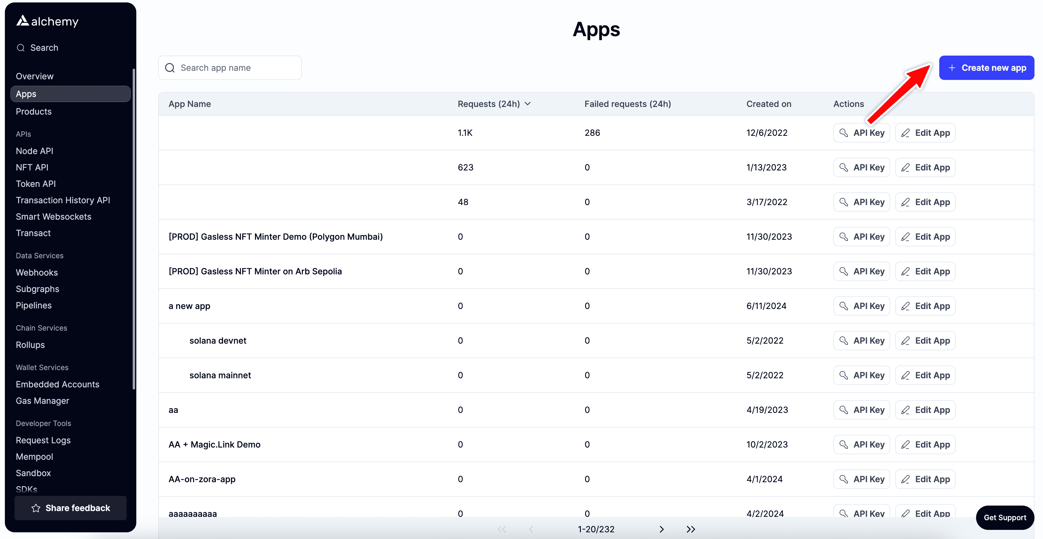 Alchemy dashboard: clicking the Create new app button