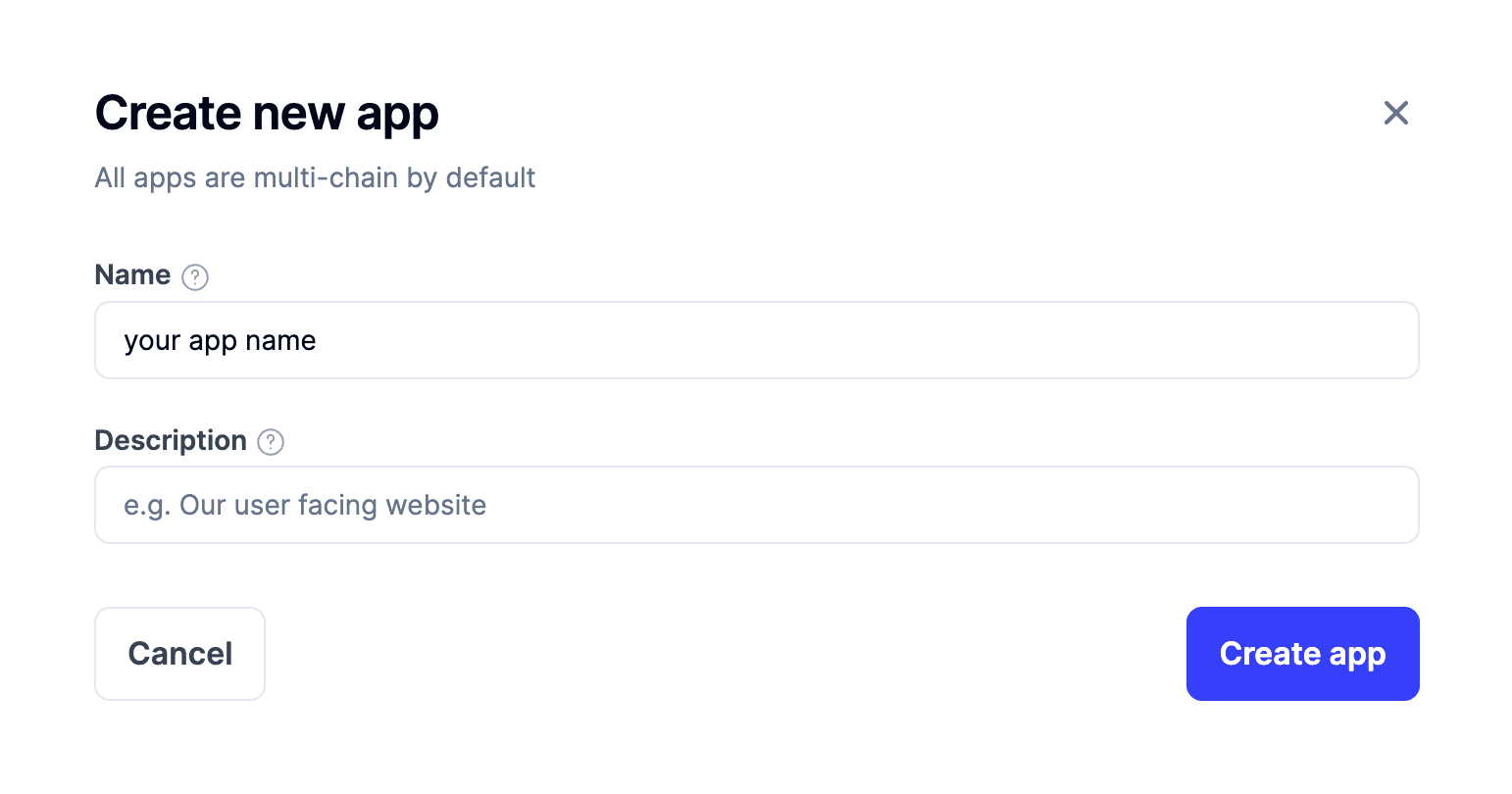 Alchemy dashboard: entering a name and description, then clicking Create app