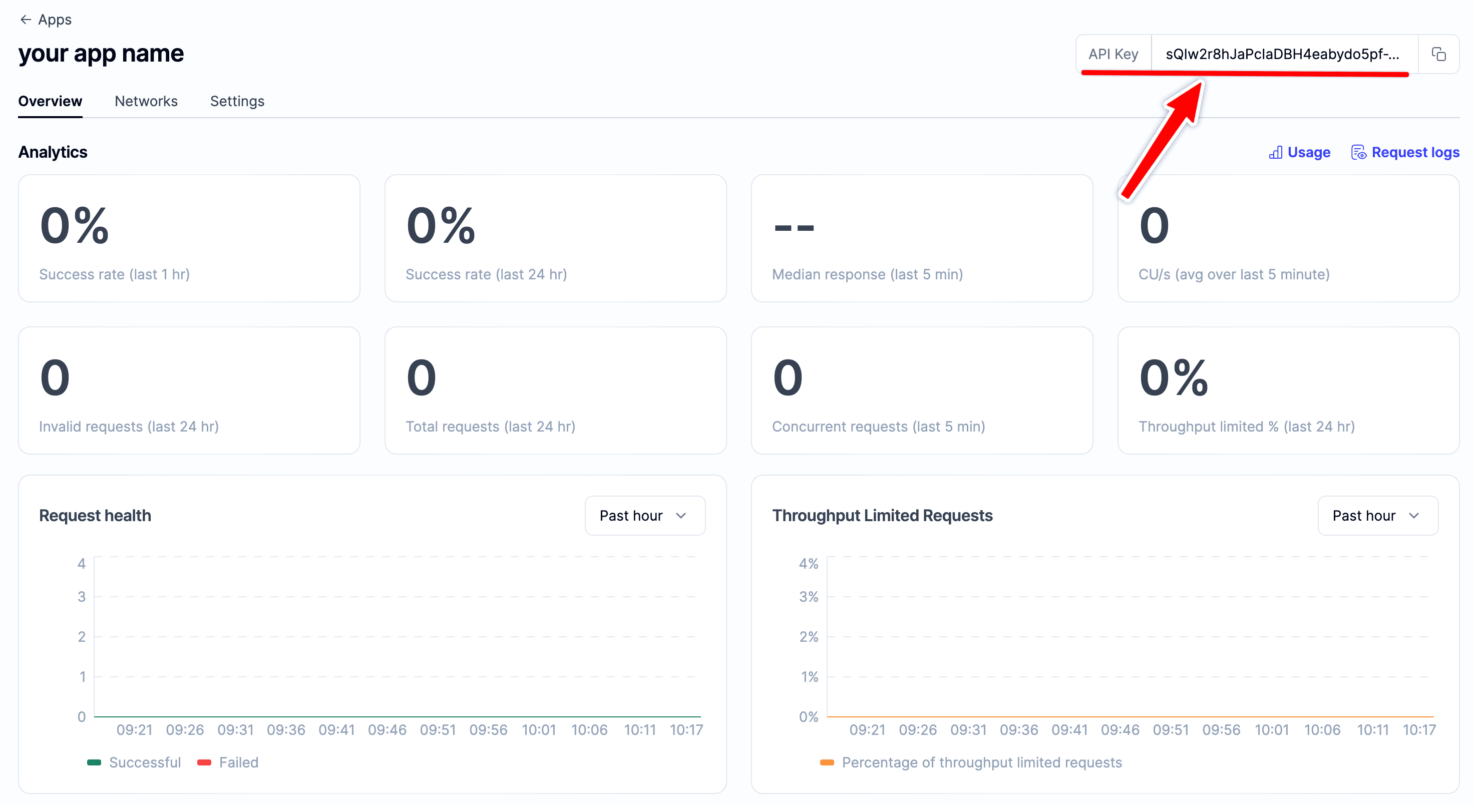 Alchemy dashboard: locating the API key in the top right of the app details page