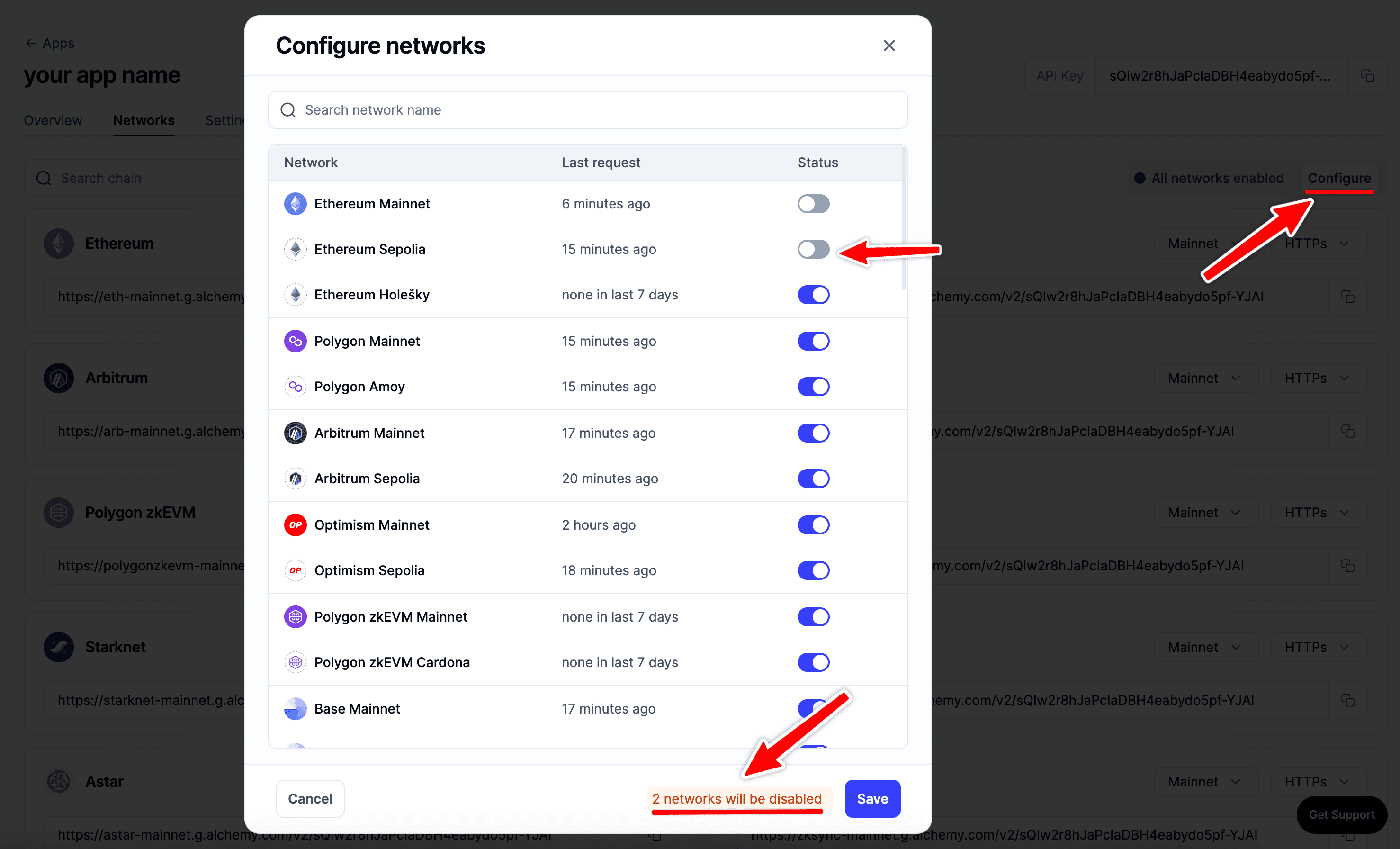 Alchemy dashboard: disabling networks with the Configure option