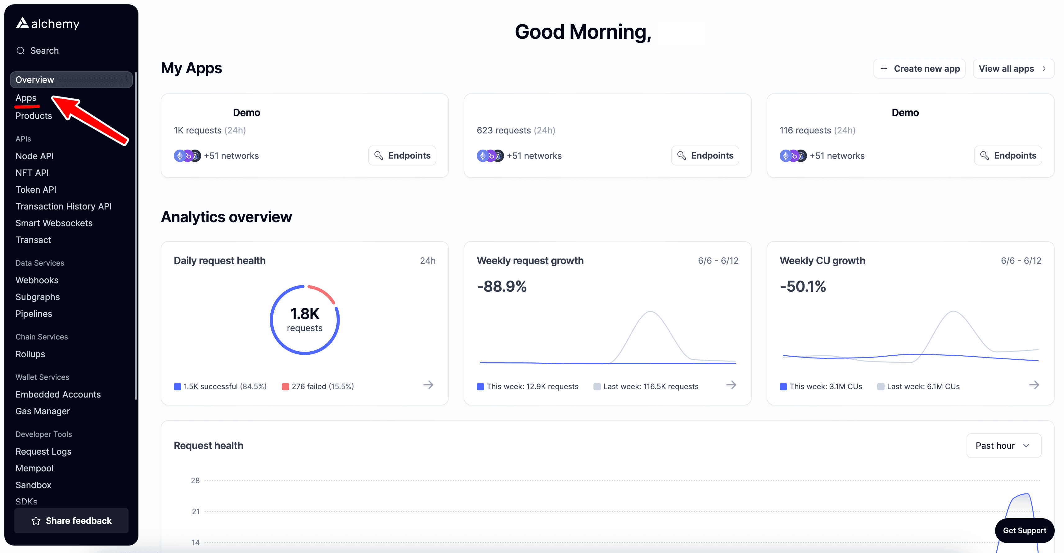 Alchemy dashboard: selecting the Apps tab