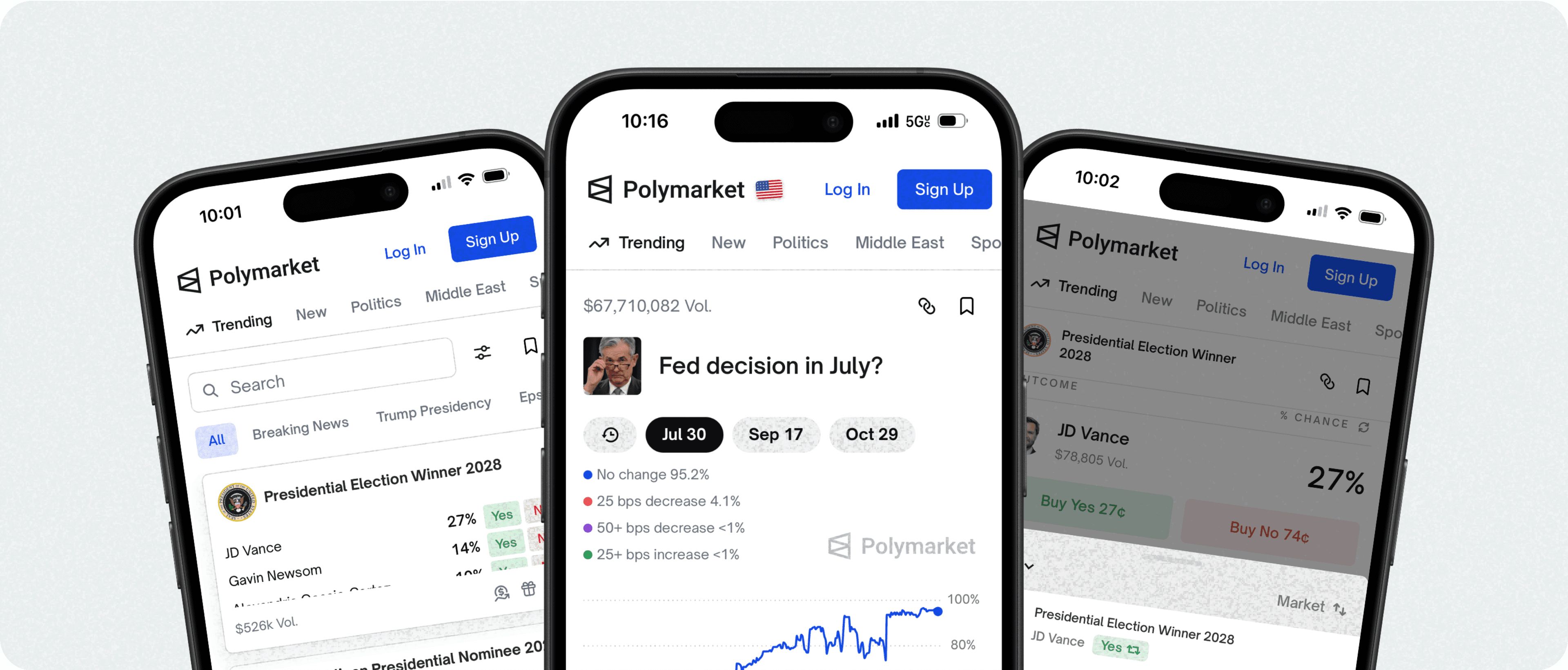 A group of mobile phones showing the Polymarket app