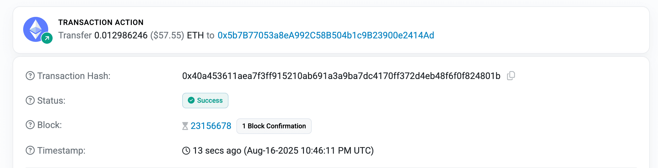 Etherscan screenshot of an Ethereum transaction and its unique hash