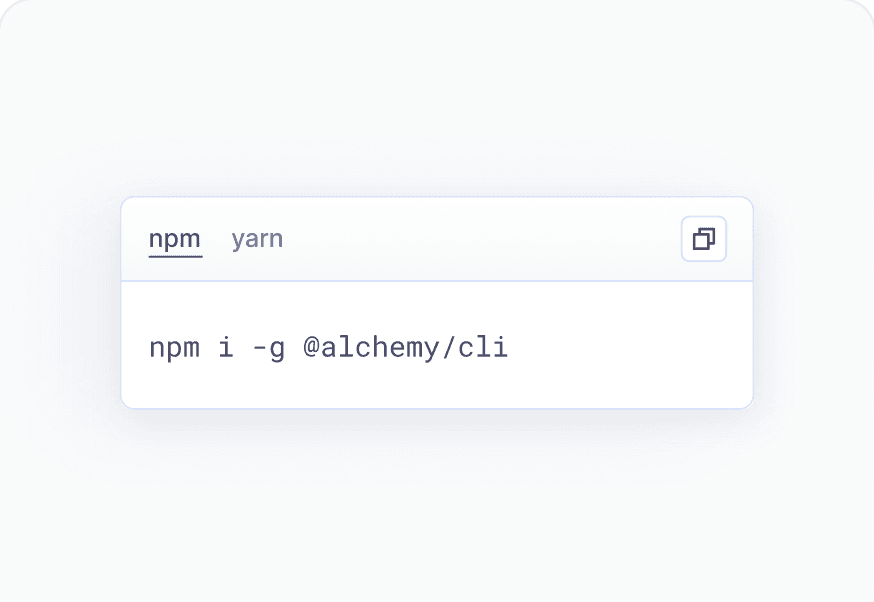 Terminal showing npm install of the Alchemy CLI
