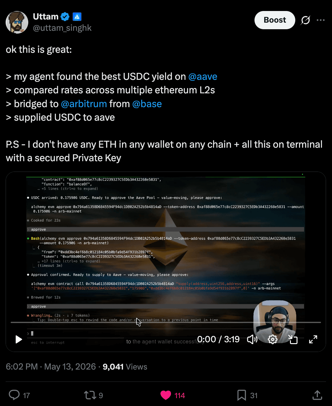 An agent using the Alchemy CLI to compare Aave USDC yields across L2s, bridge from Base to Arbitrum, and supply to Aave, all from the terminal with no raw private key