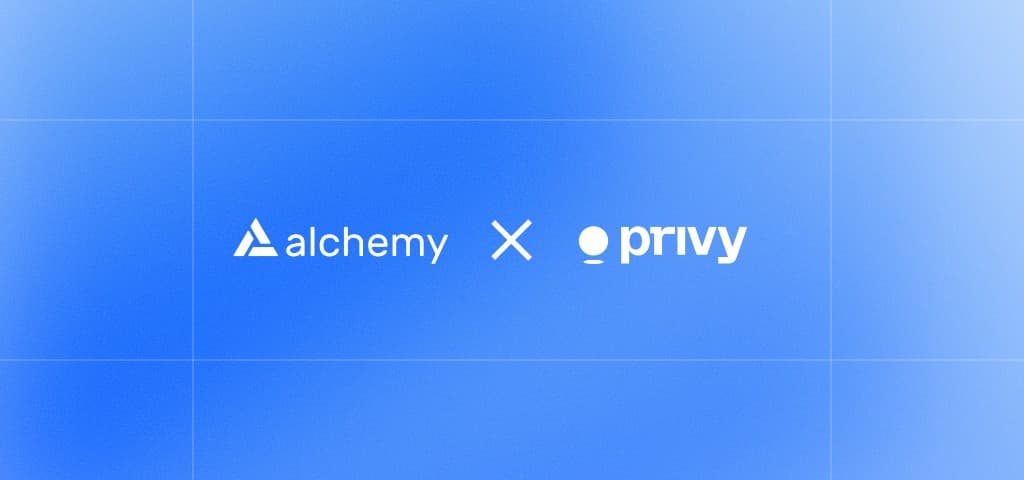 Alchemy and Privy partnership logo banner on a blue grid background.