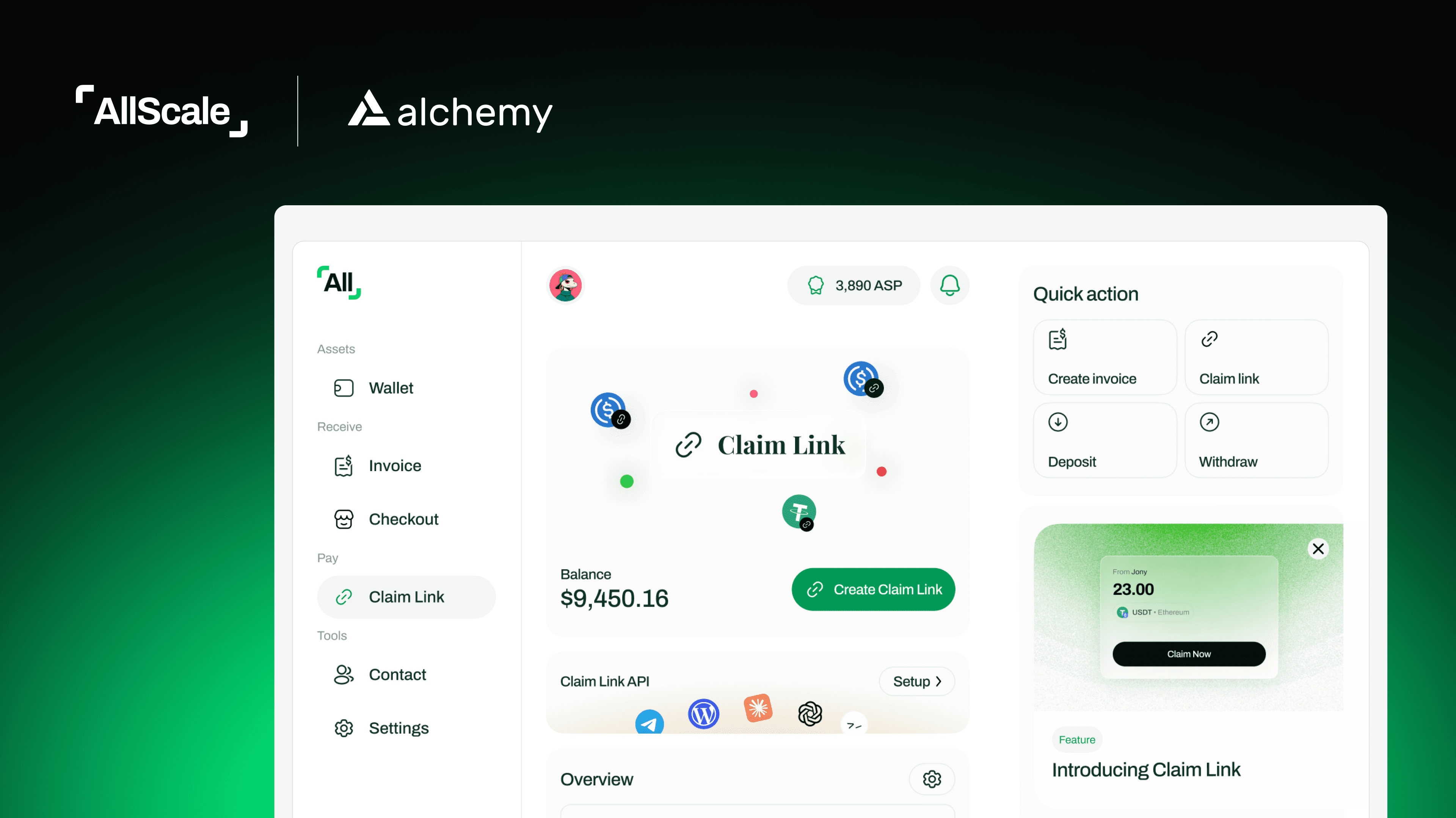 AllScale dashboard for stablecoin checkout, invoicing, payroll, and payouts, powered by Alchemy