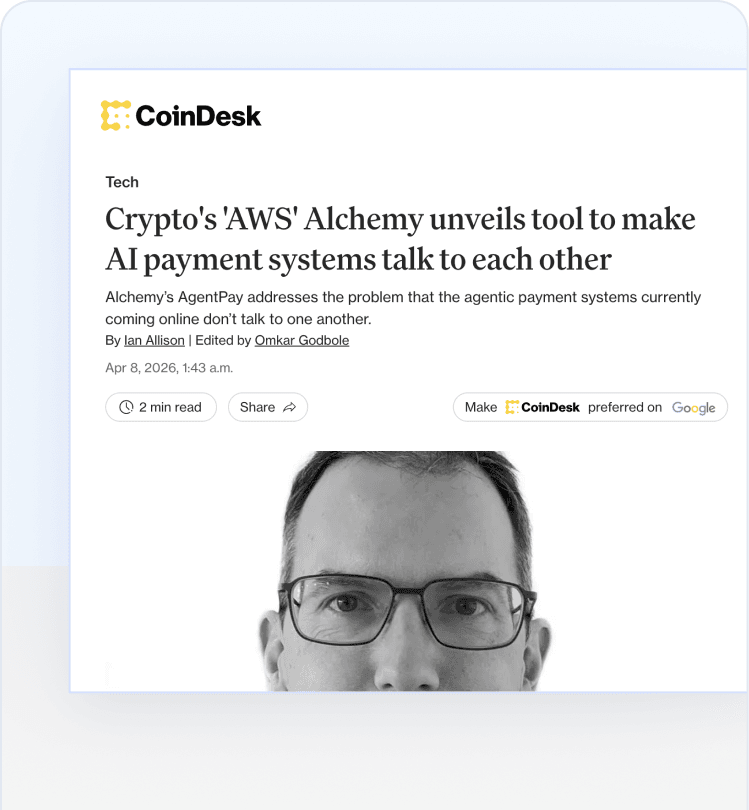 CoinDesk article on Alchemy’s interoperable AI payments layer