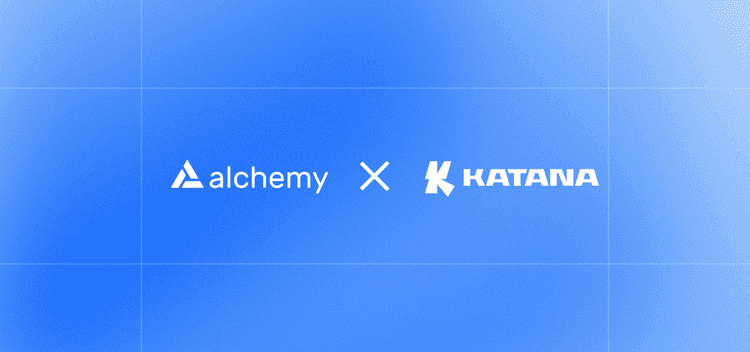 Alchemy and Katana logos on a blue gradient background