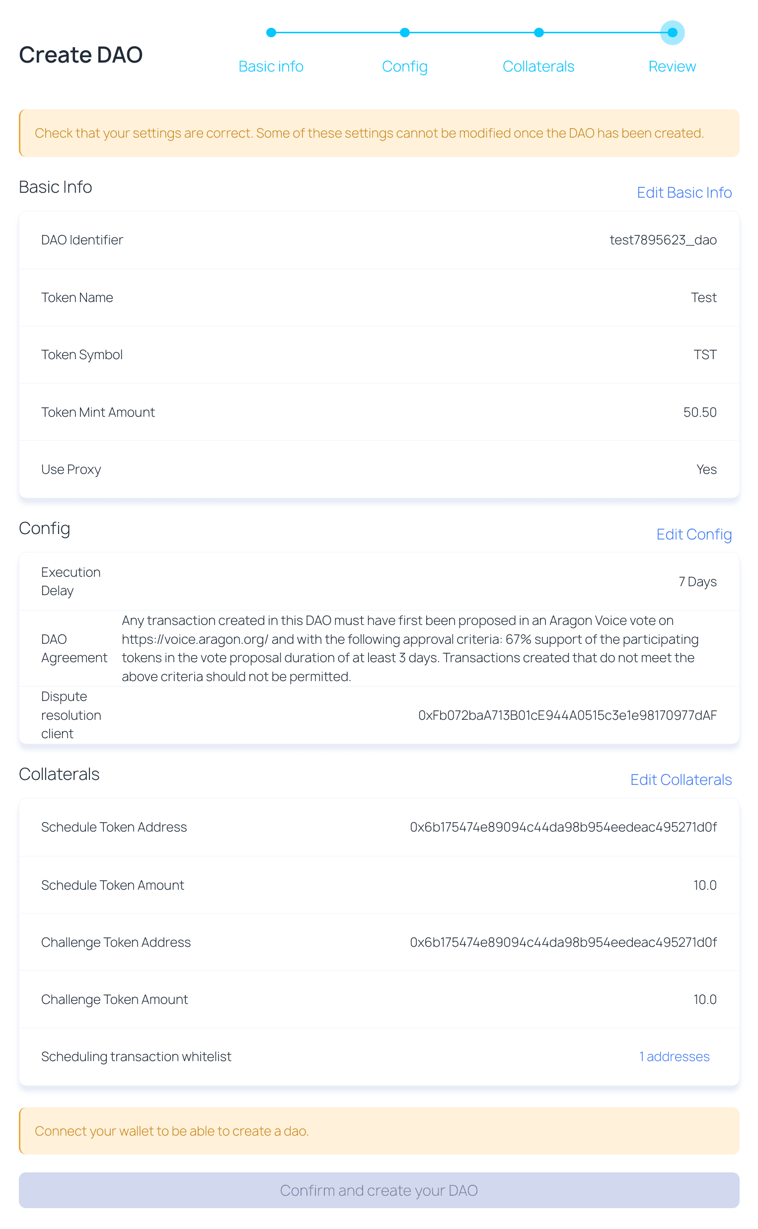 Aragon Govern DAO Creation Tool - Confirm and Create Your DAO