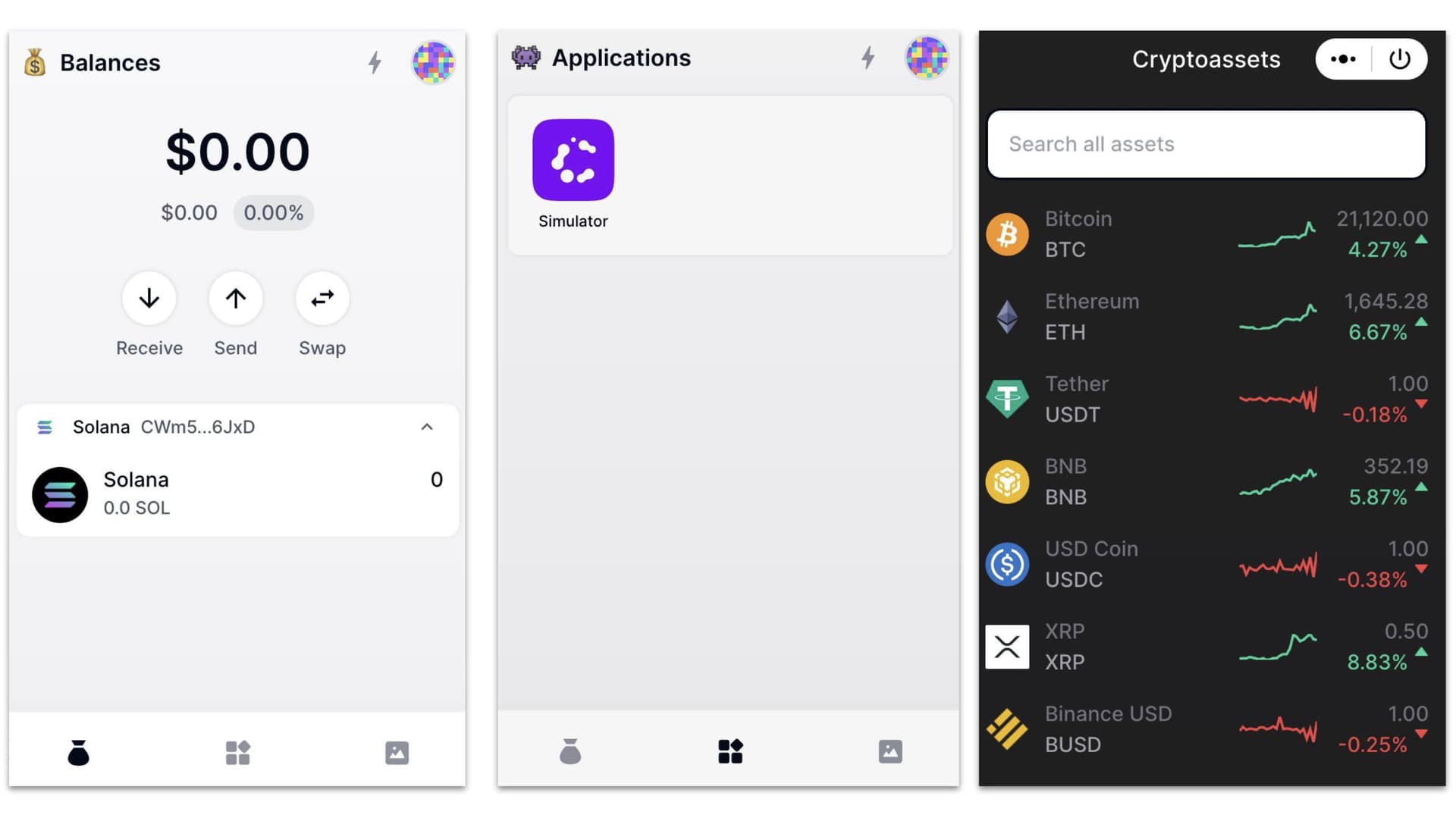 Backpack wallet interface with balances, xNFT applications, and an executable NFT to show an in-wallet crypto price tracker.