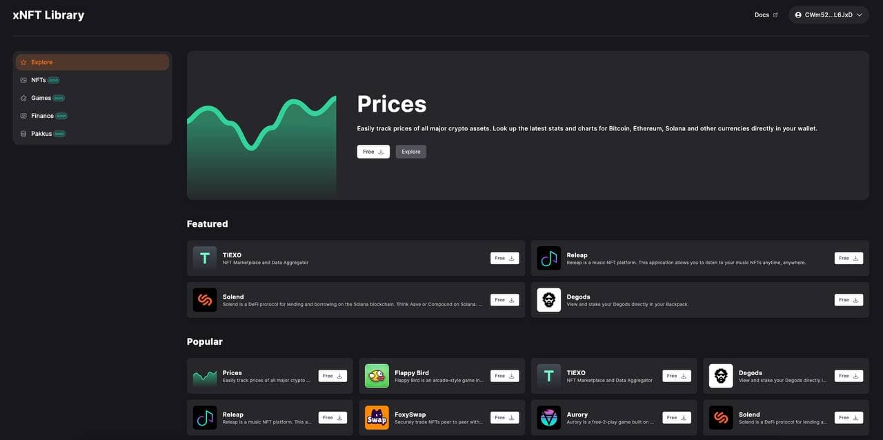 xNFT Library including featured executable NFTs from Solend, Aurory, and DeGods.