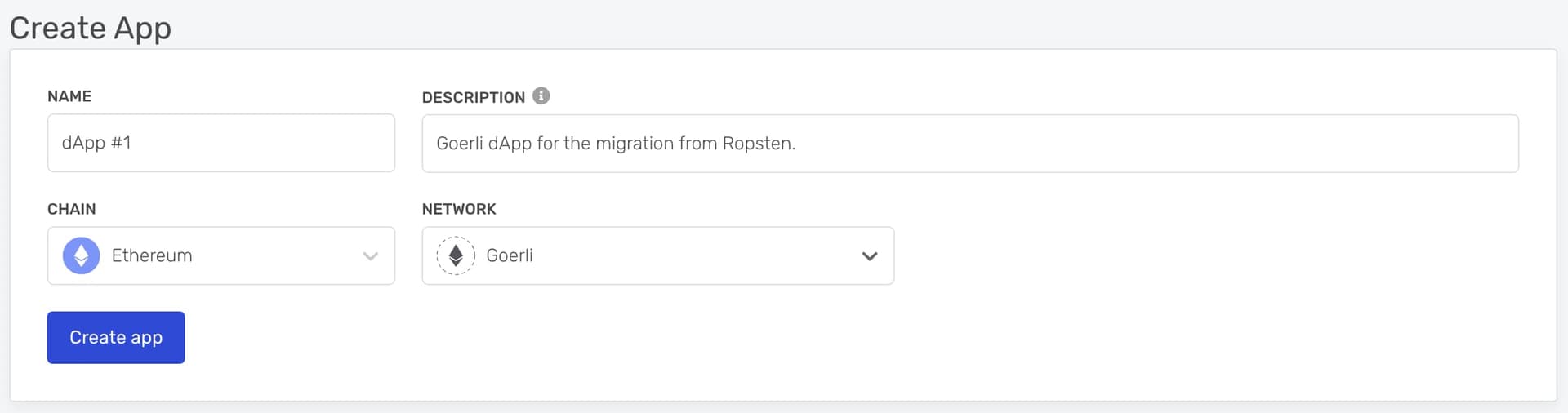 Creating a new Goerli app in the Alchemy dashboard.