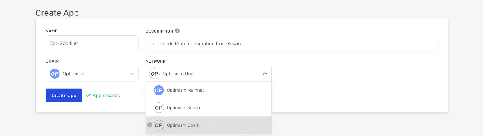 Create a new Goerli app on Optimism from the Alchemy dashboard.