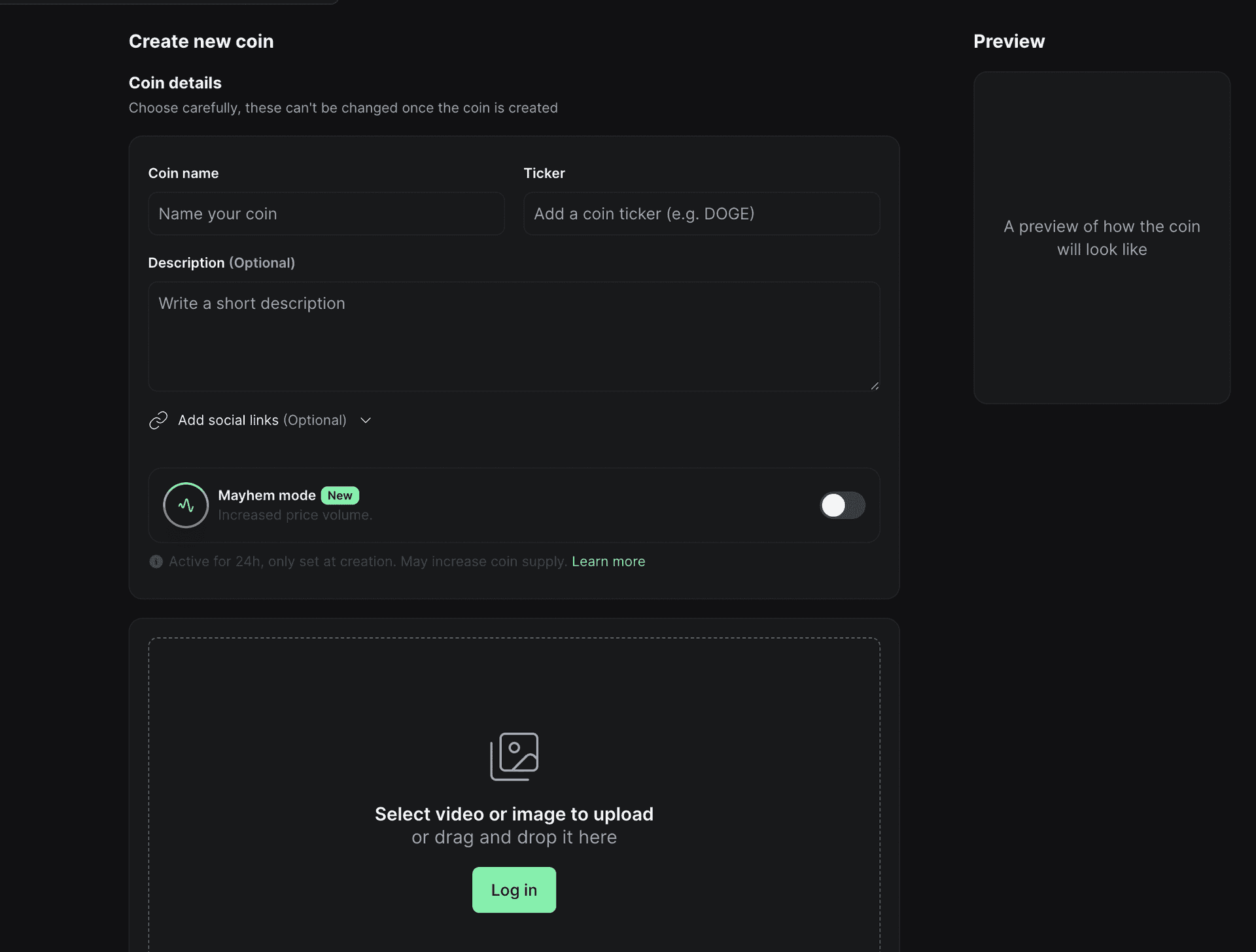 A screenshot of Pump's token creation portal