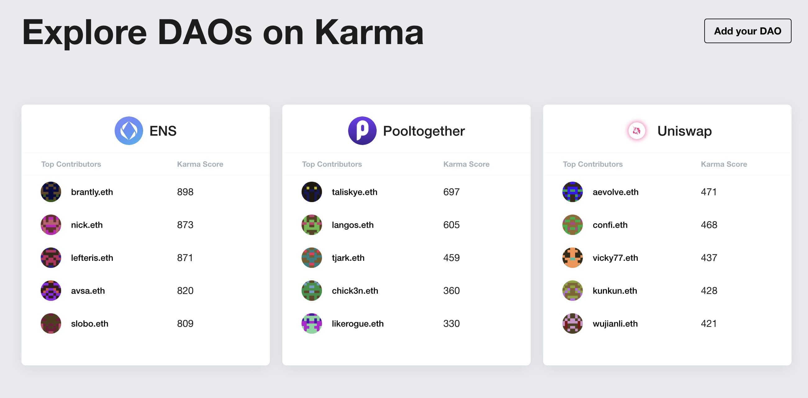 Karma website homepage with the Add Your DAO button highlighted