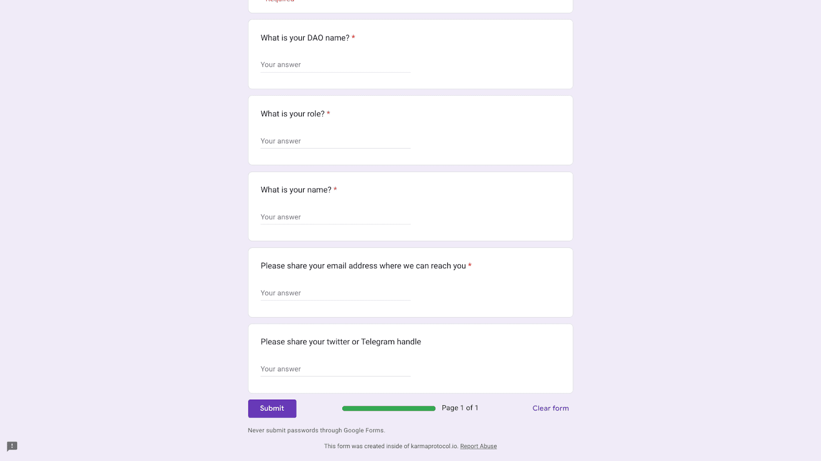 Karma Google Form for submitting DAO name, role, and contact details