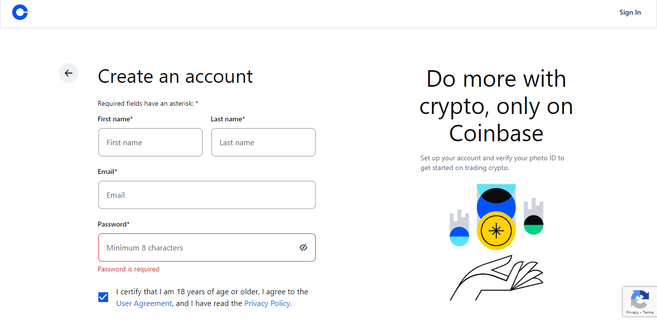 Coinbase sign-up page for creating a crypto exchange account