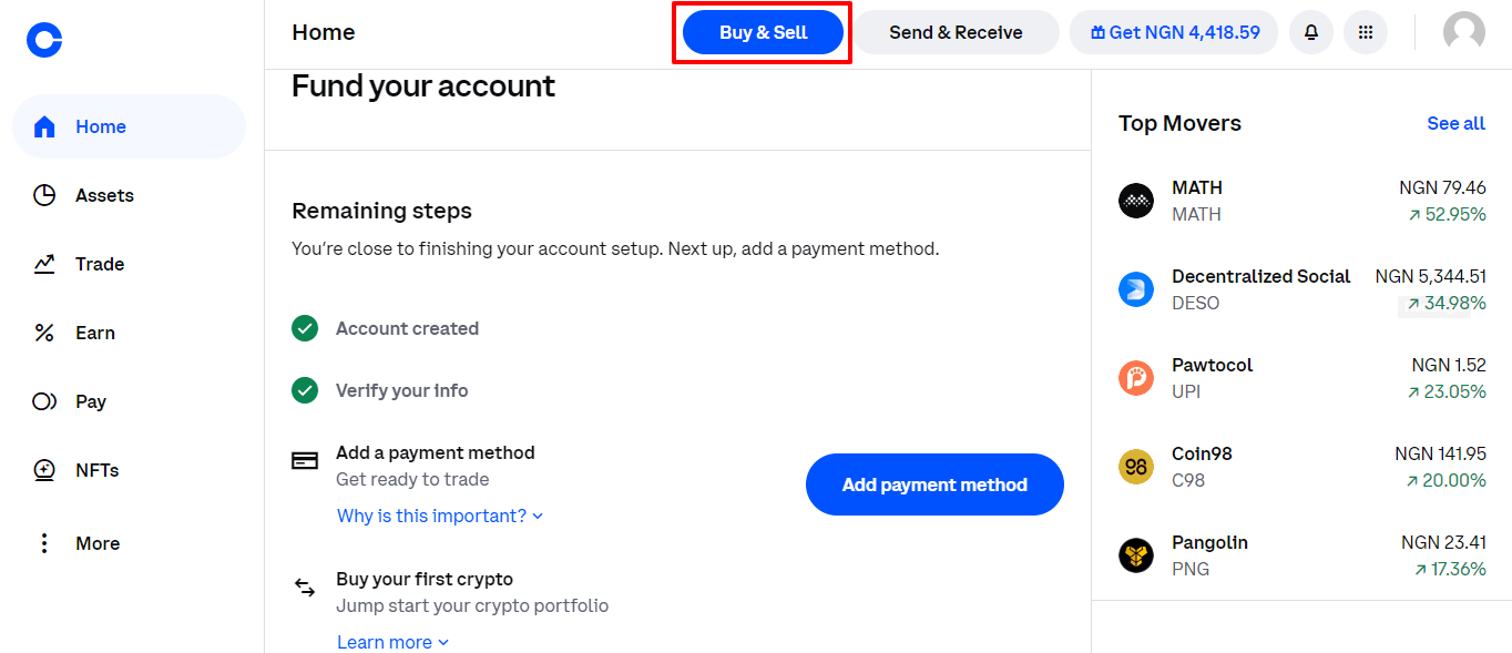 Coinbase buy screen: choosing an amount and cryptocurrency to purchase
