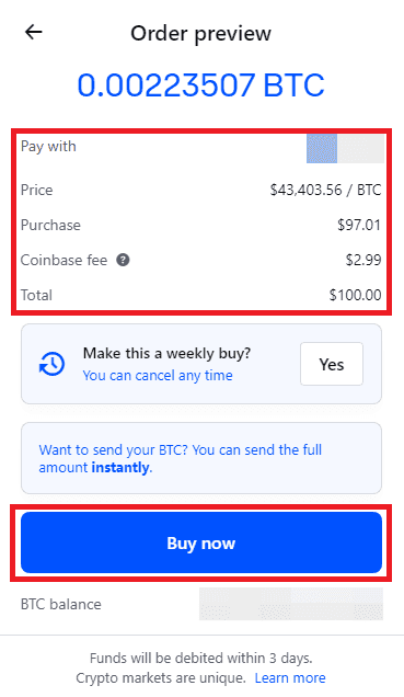 Coinbase trade preview showing price, payment method, and fees before buying