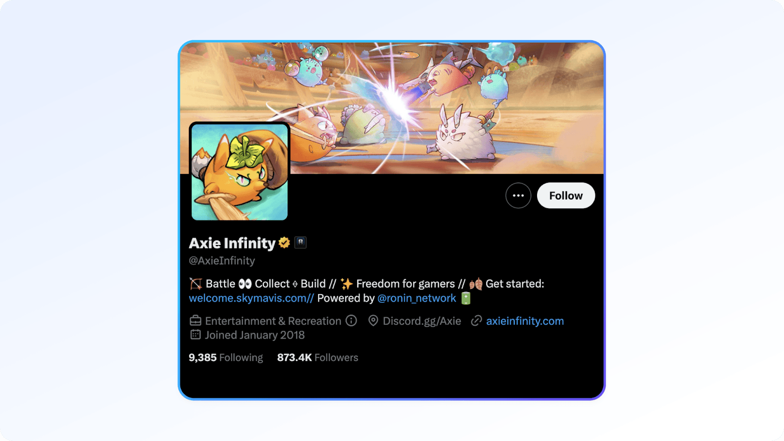 Axie Infinity Twitter profile, an example of dapp community building on social media