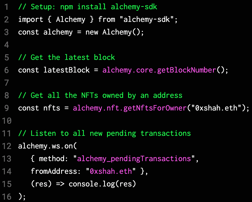 Code snippet demonstrating the simplicity of Alchemy's new SDK.