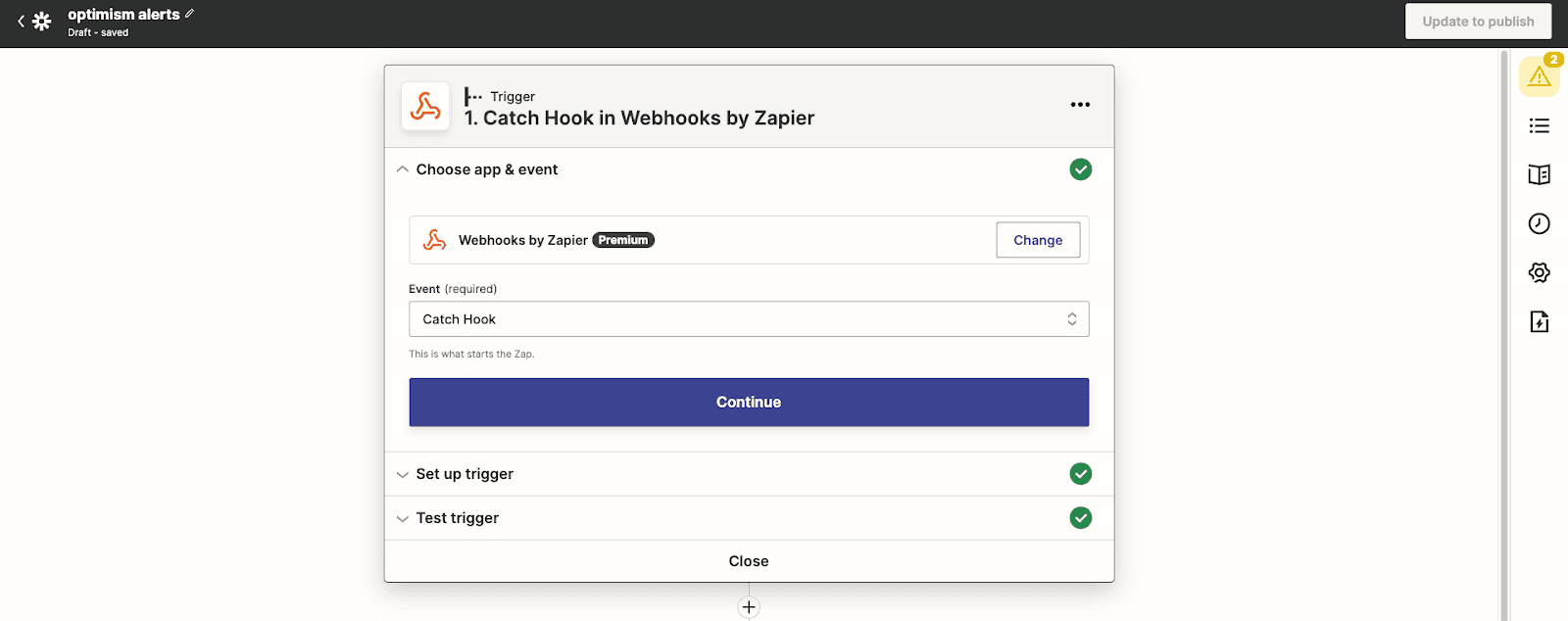 Zapier Zap editor: copying the custom webhook URL from the Catch Hook trigger