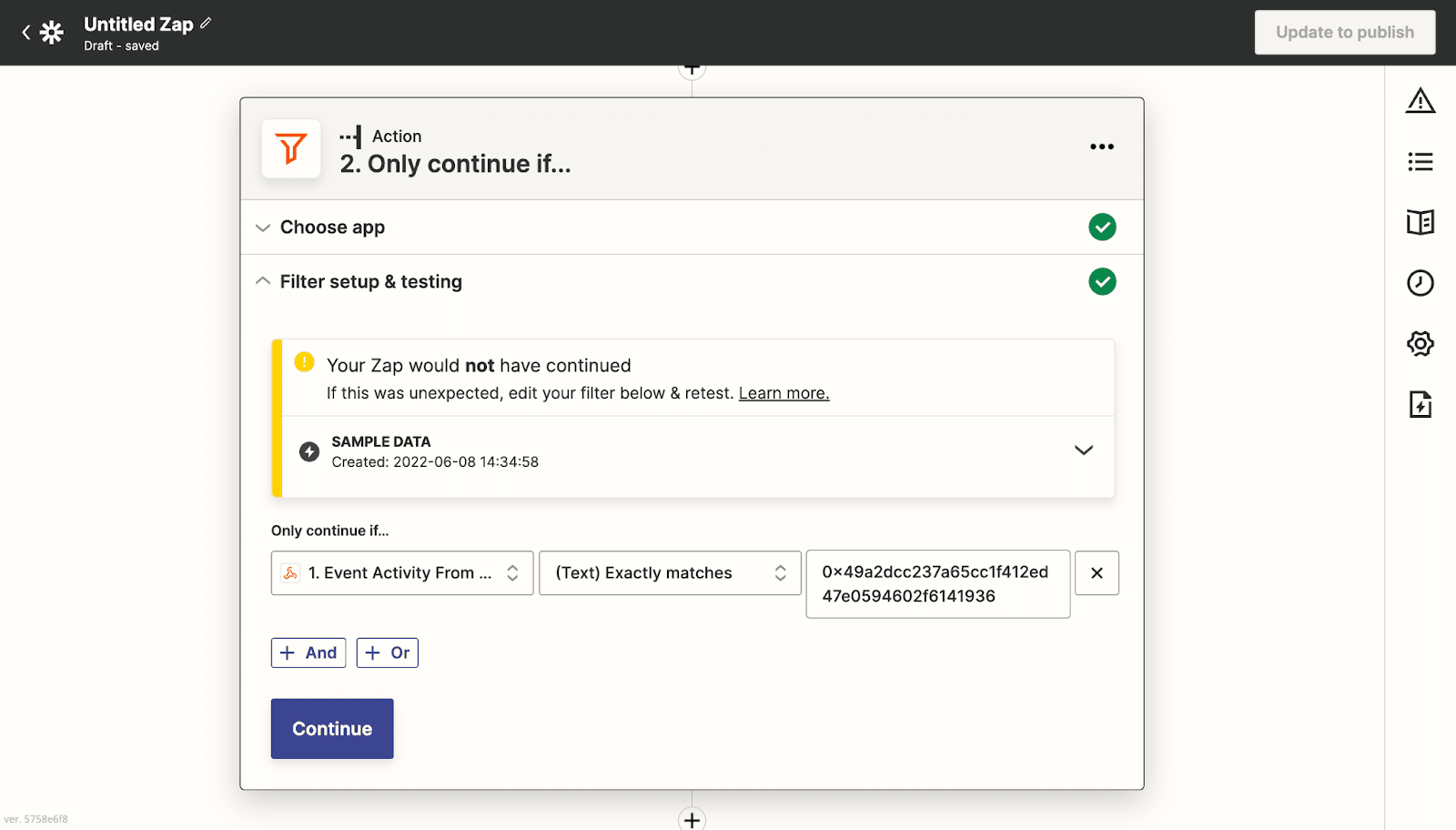 Zapier filter setup: matching the webhook fromAddress to the Optimism wallet address