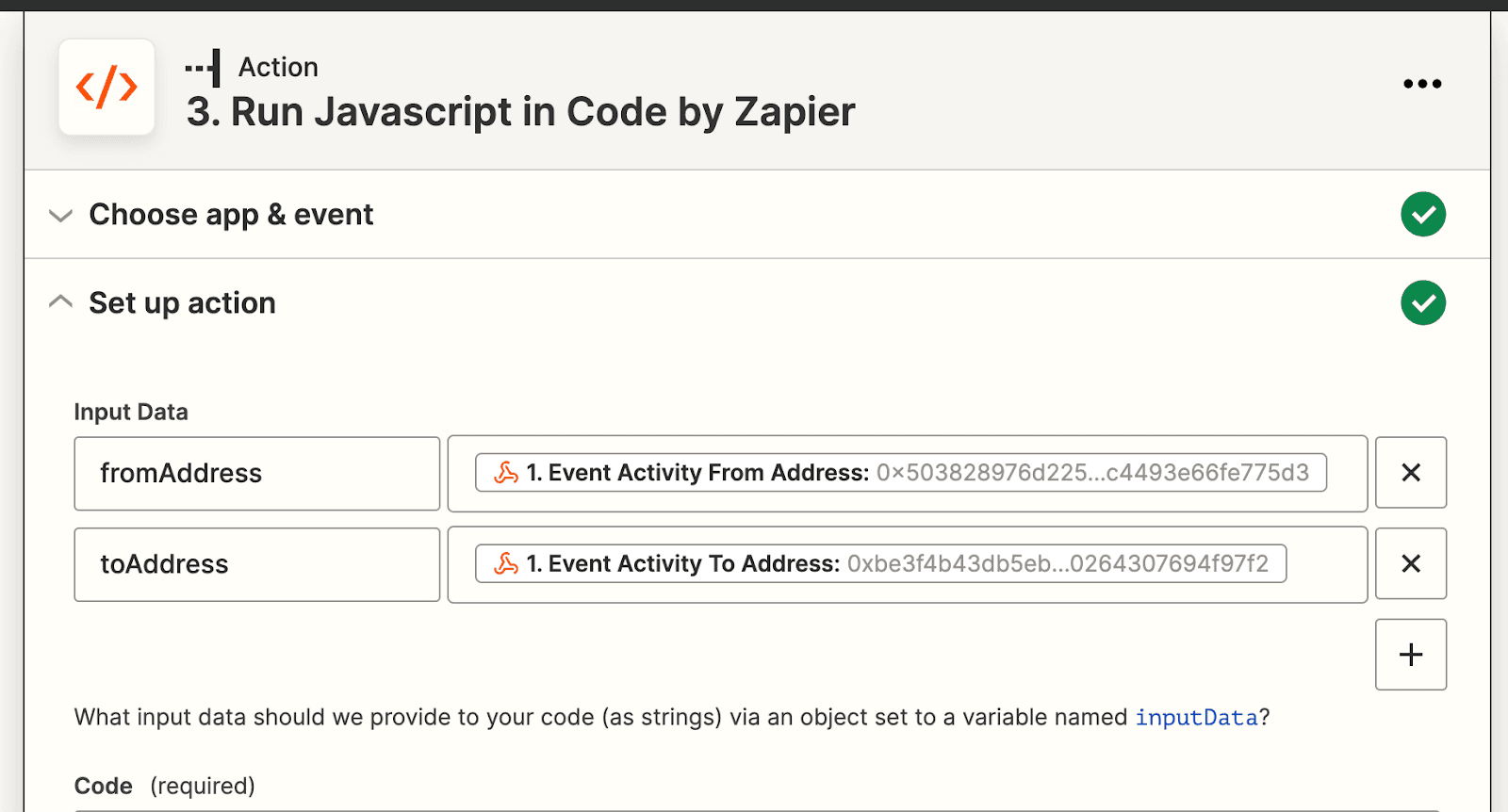 Code by Zapier action: setting up input data for the JavaScript step