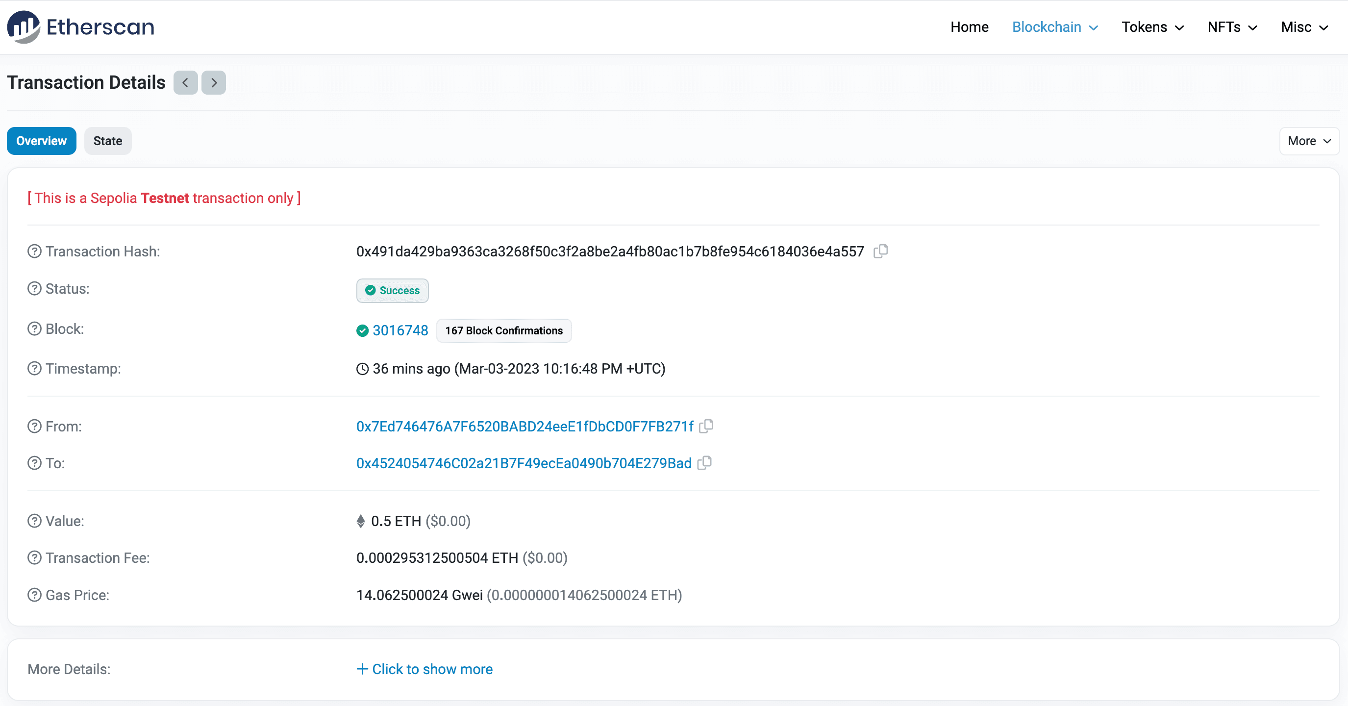 Sepolia Etherscan transaction page showing fee, gas, and timestamp details