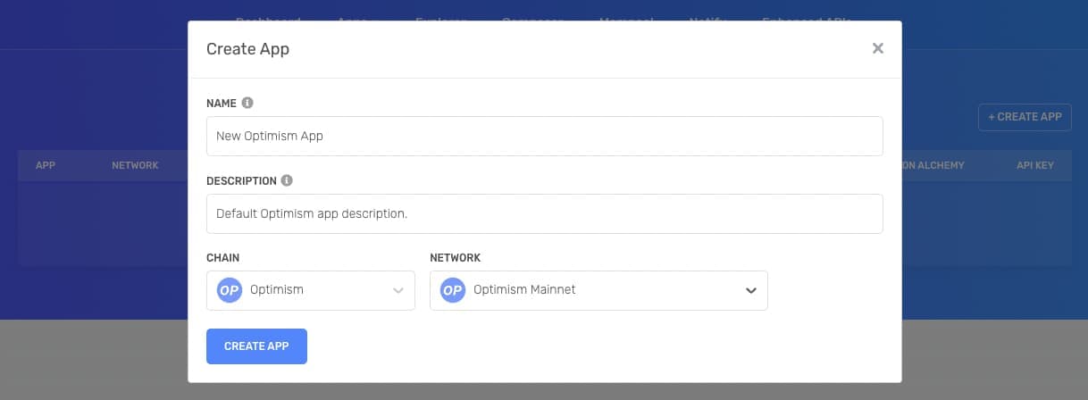 Alchemy dashboard: creating an Optimism app for a private RPC endpoint