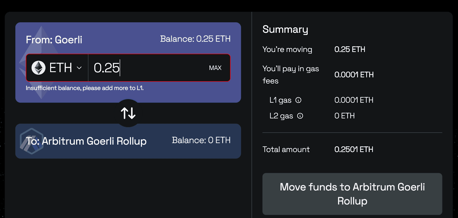Bridge Goerli ETH using Arbitrum Goerli bridge