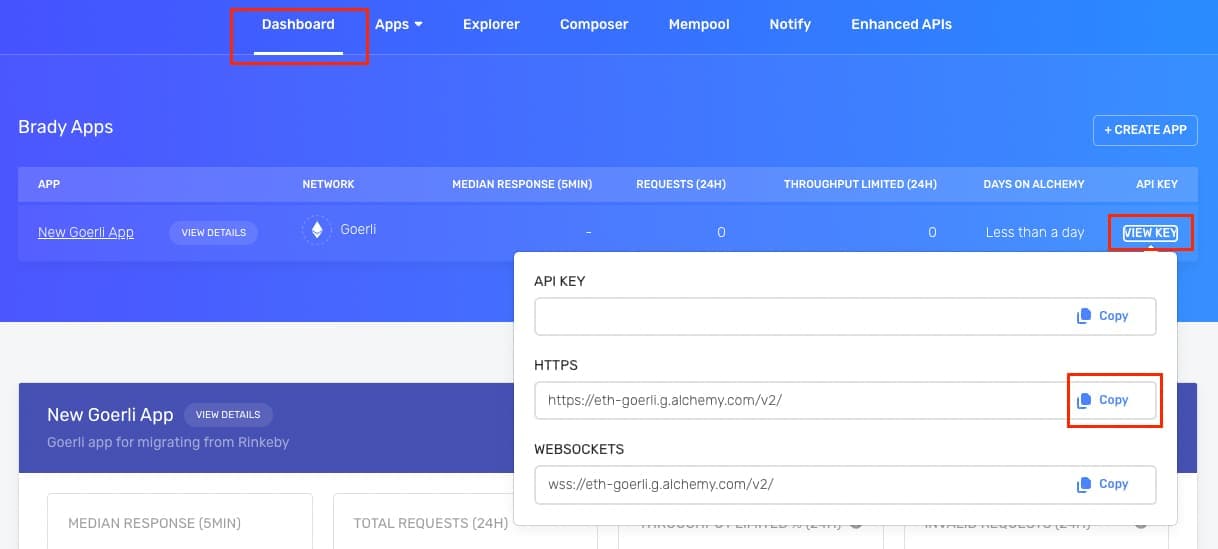 Copy the HTTPS Goerli RPC URL from the Alchemy dashboard’s key menu.