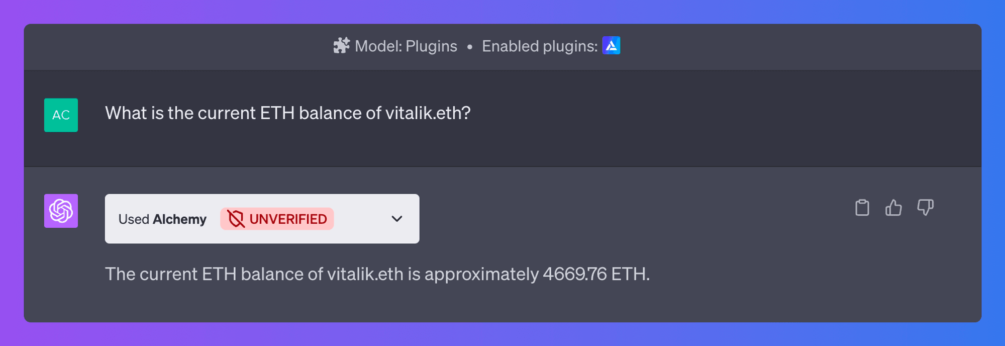 Alchemy ChatGPT plugin answering a sample onchain data question