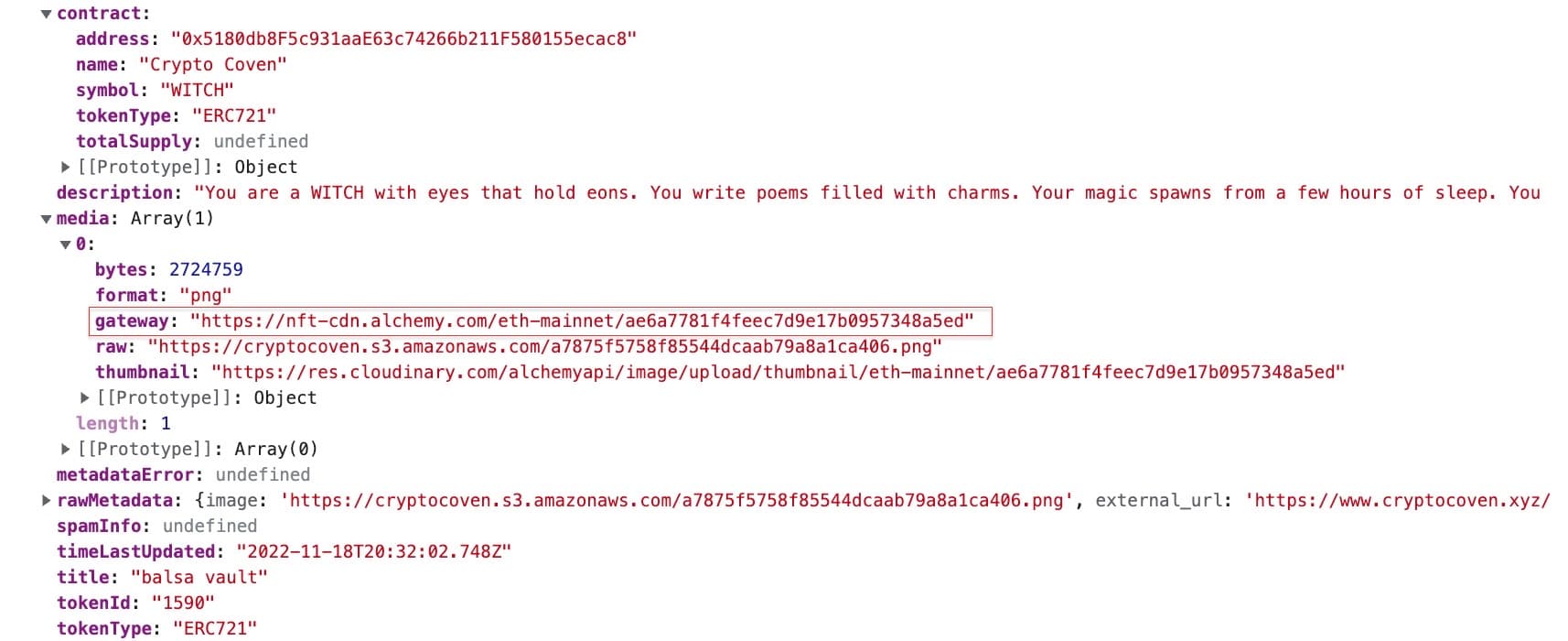 NFT API response showing an Alchemy-hosted media URL in the gateway field