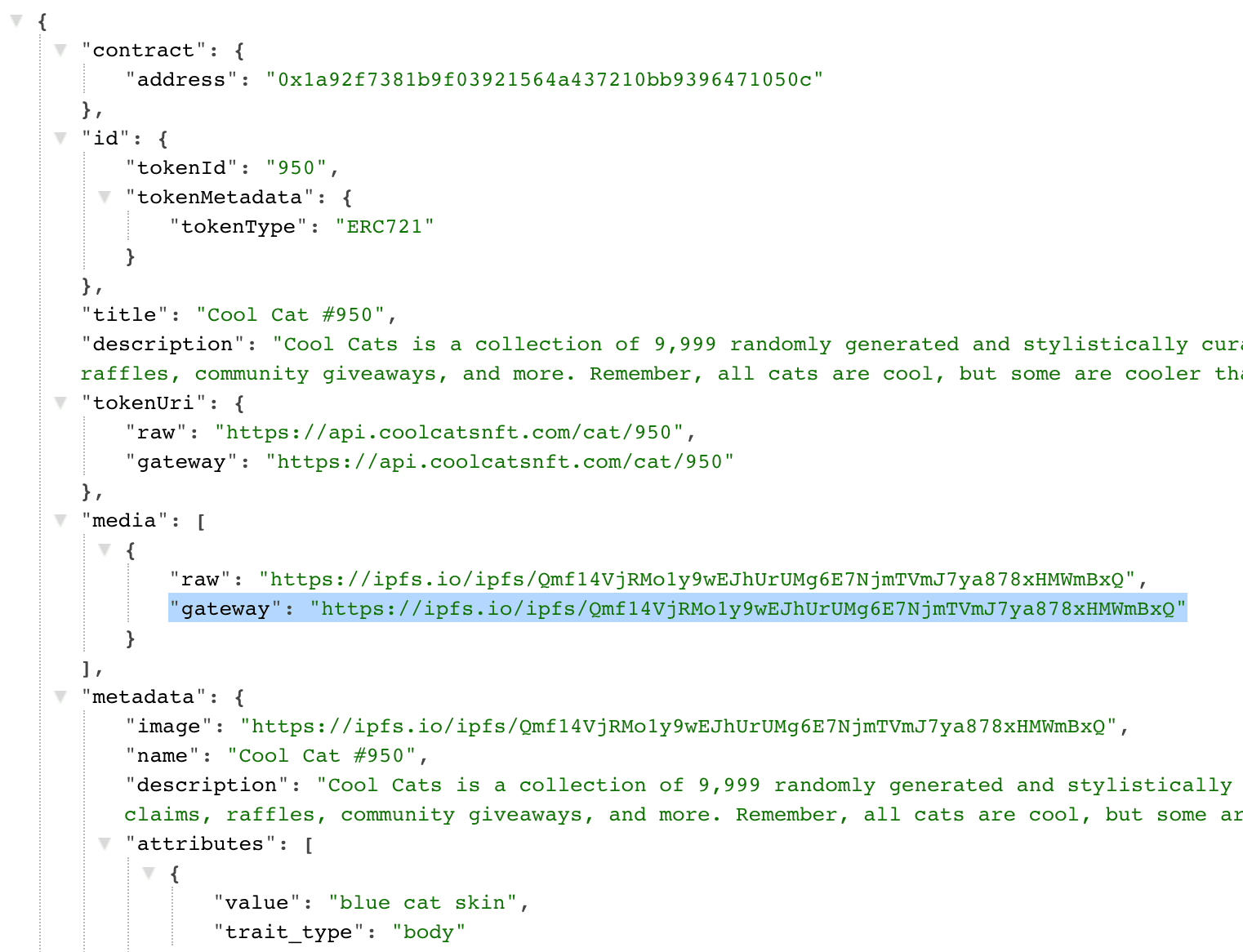 NFT API response showing a third-party hosted media URL in the gateway field