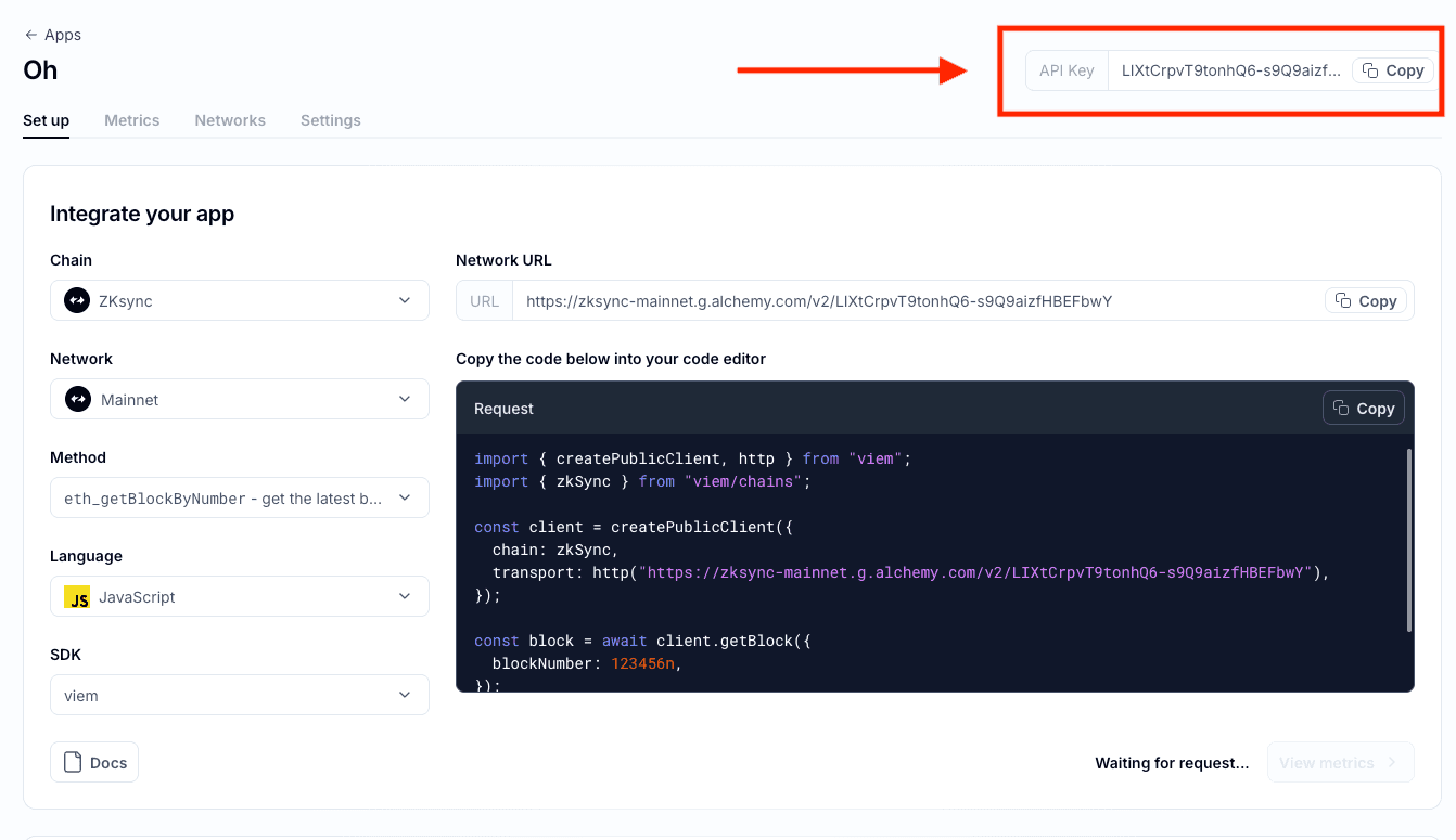 Alchemy app details: clicking the View Key button to copy the RPC URL