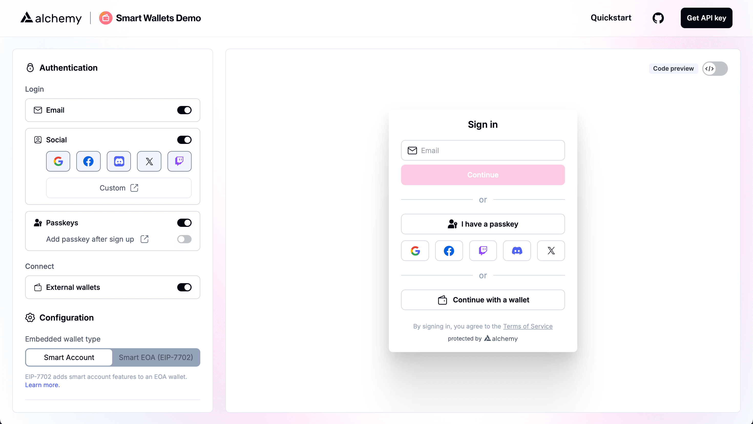 Smart wallet integration demo in a web app