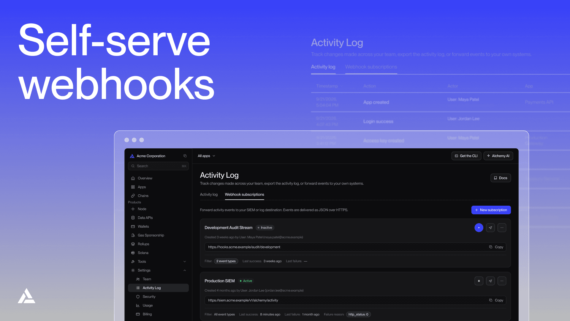 Activity Log webhook subscription setup in the Alchemy dashboard