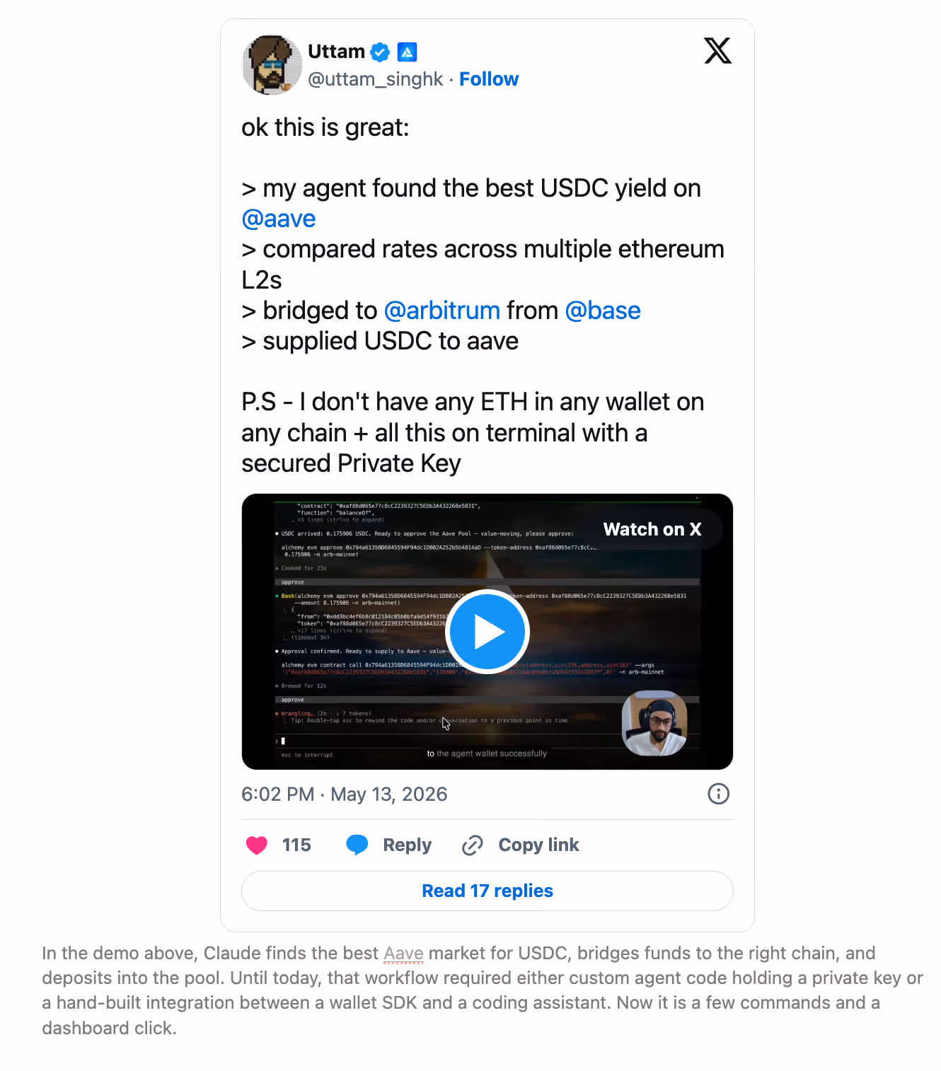 An agent in the terminal finding the best Aave USDC yield across L2s, bridging from Base to Arbitrum, and supplying to Aave, with no ETH in any wallet and only a scoped private key