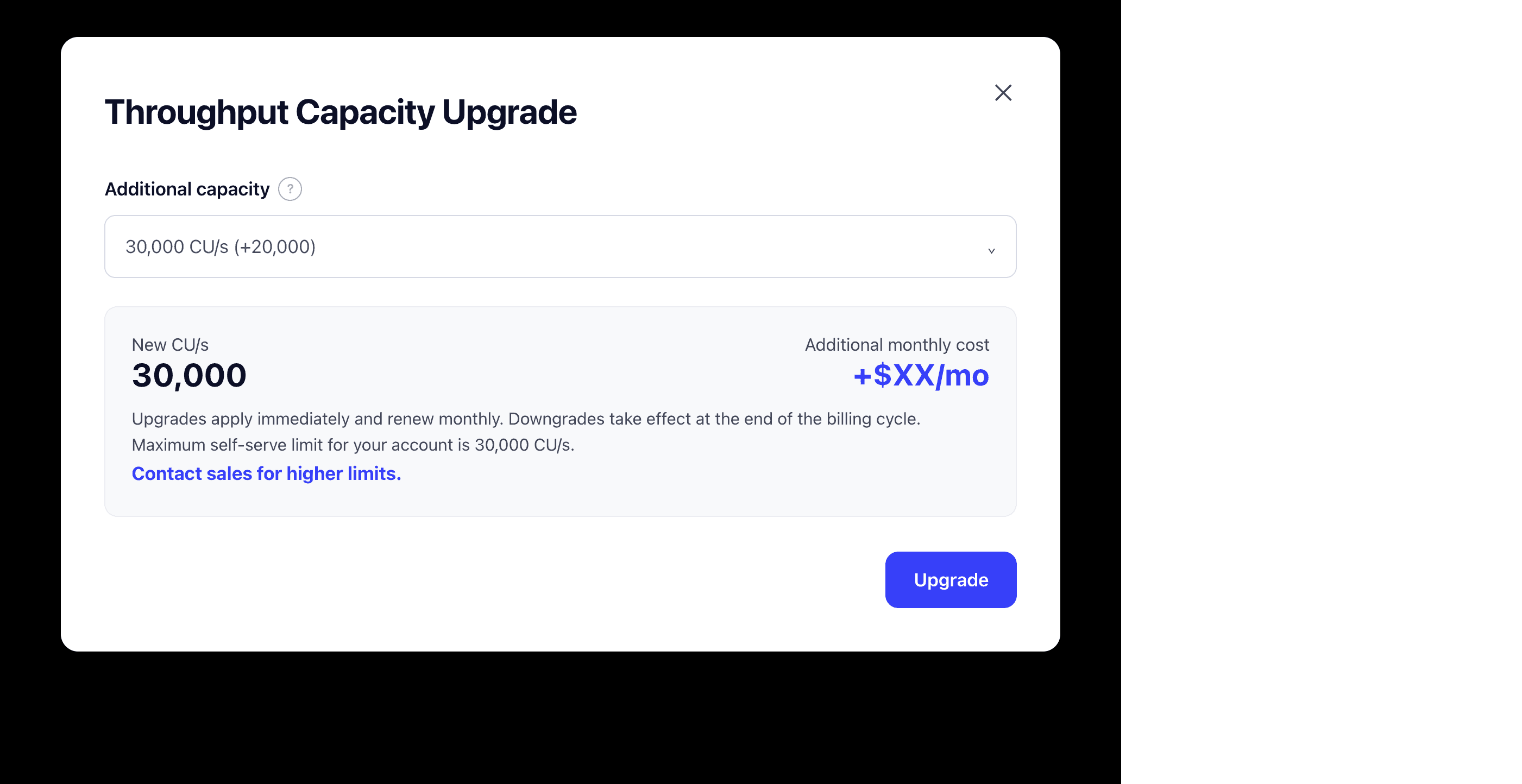 Alchemy dashboard throughput capacity upgrade modal with 30,000 CU/s selected, showing that upgrades apply immediately and renew monthly