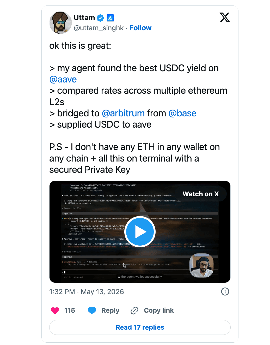 An agent using the Alchemy CLI to find the best USDC yield on Aave, compare rates across Ethereum L2s, bridge from Base to Arbitrum, and supply, all from the terminal with no raw private key