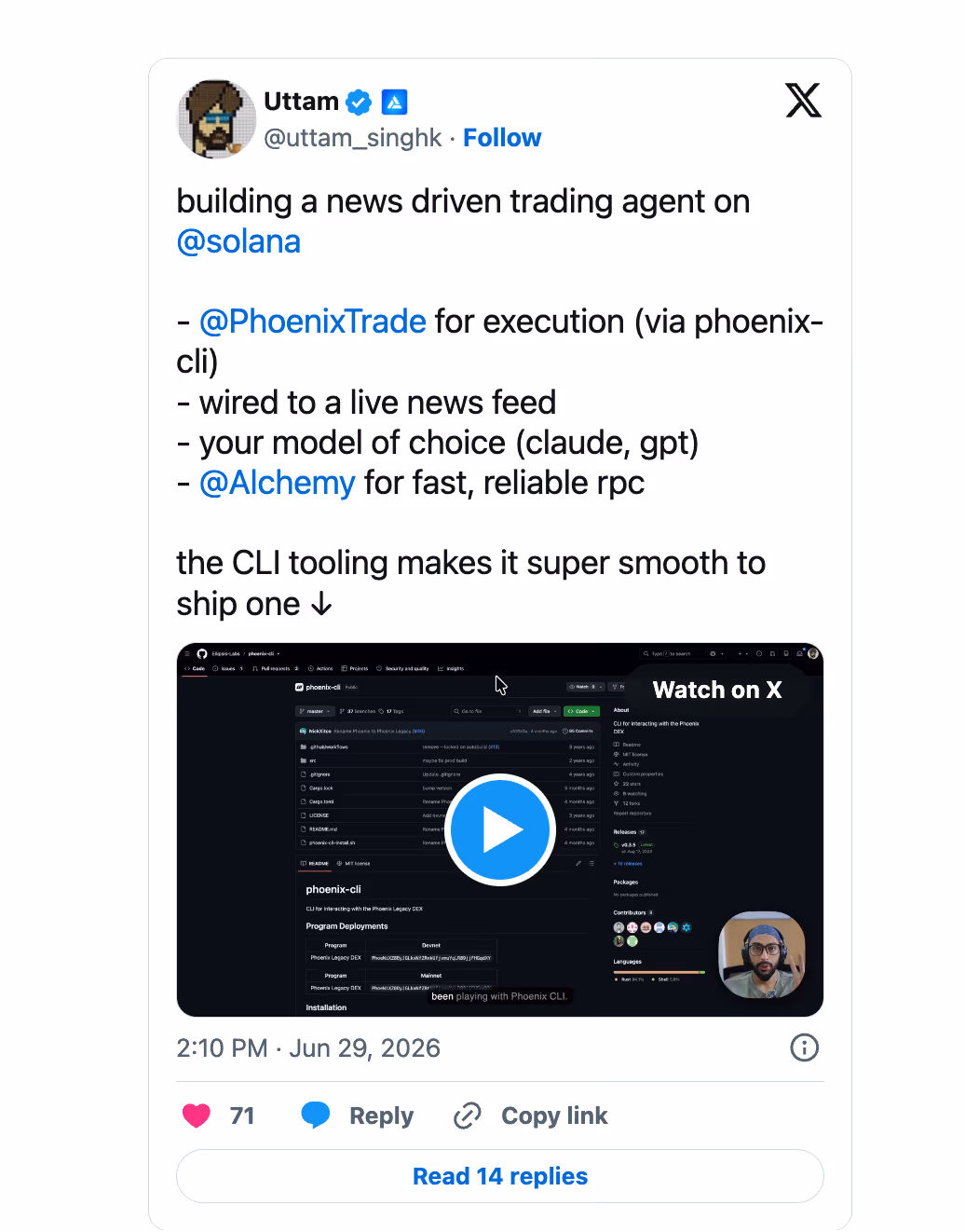 A news-driven trading agent on Solana: Phoenix for execution via phoenix-cli, wired to a live news feed, the model of your choice, and Alchemy for fast, reliable RPC